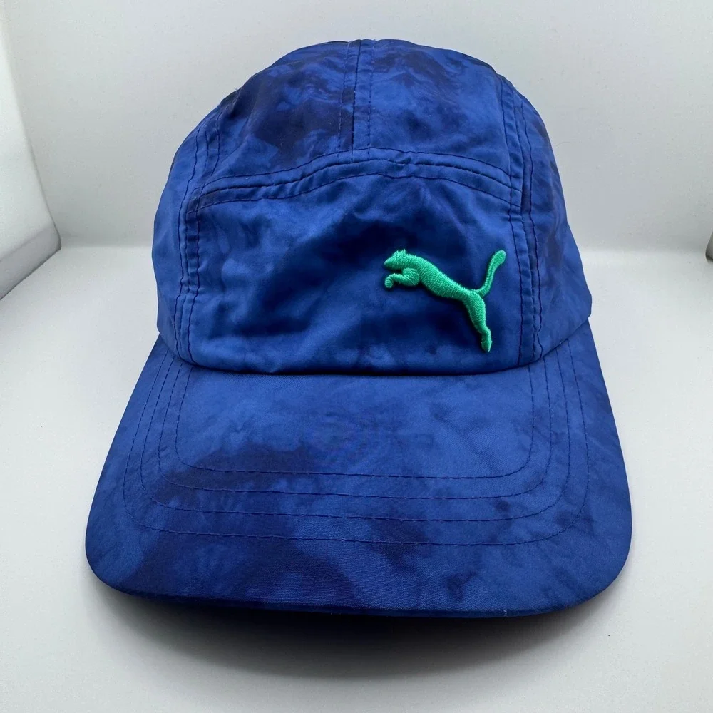 Puma 5 Panel Hat Mens OSFA Blue Tie Dye Green Logo Excellent Athletic Cap
